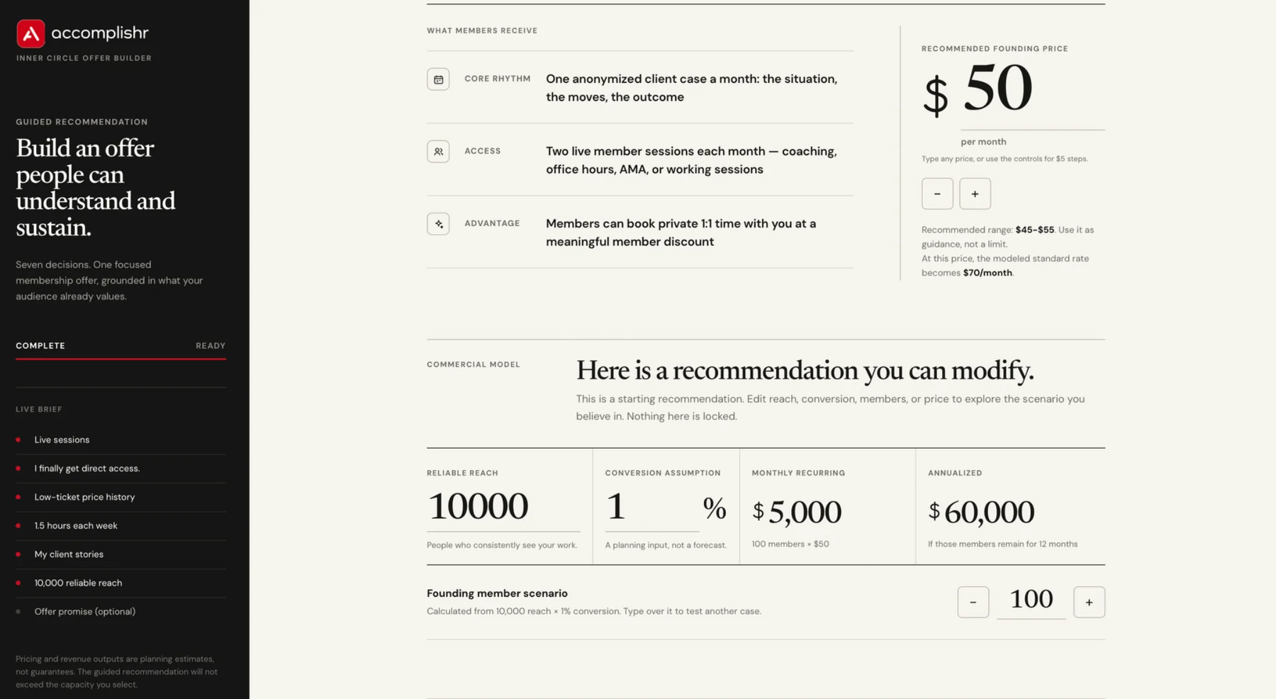 Accomplishr Inner Circle Offer Architect showing offer structure, pricing and earning scenarios