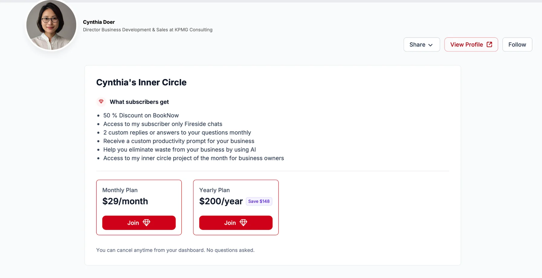 Accomplishr paid Inner Circle membership page with monthly and yearly plans